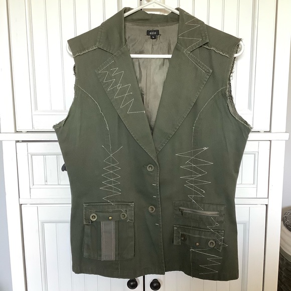 Aziz Jackets & Blazers - Aziz Army Green Urban Military Embroidered Vest